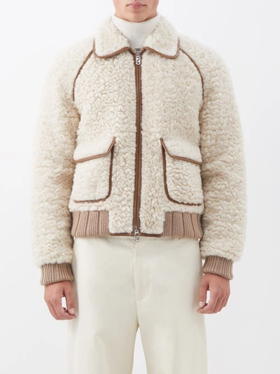 Fendi Slim-fit Leather-trimmed Alpaca And Wool-blend Shearling Blouson Jacket In Beige