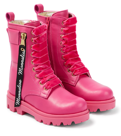 Monnalisa Kids Pink Combat Leather Boots In Fuchsia Pink + Fuchsia Pink