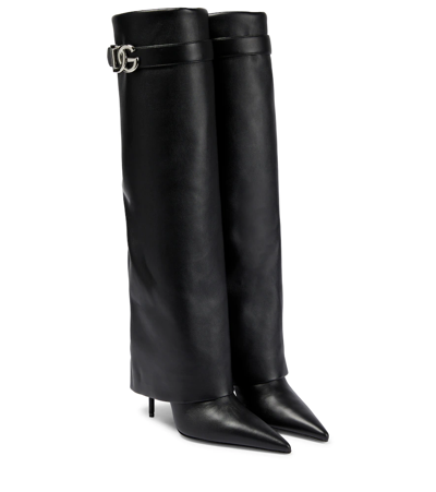 Dolce & Gabbana Black Logo Leather Knee-high Boots In Nero