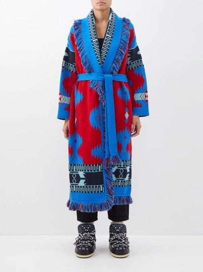 Alanui Blue Intarsia Knit Belted Wool Coat In Red