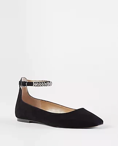 Ann Taylor Embellished Ankle Strap Suede Flats In Black