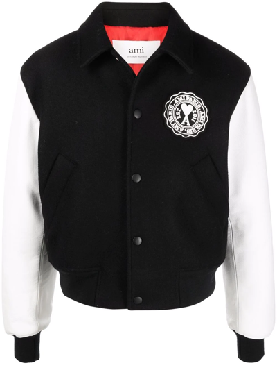 Ami Alexandre Mattiussi Ami De Caur Wool And Leather Varsity Jacket In Black