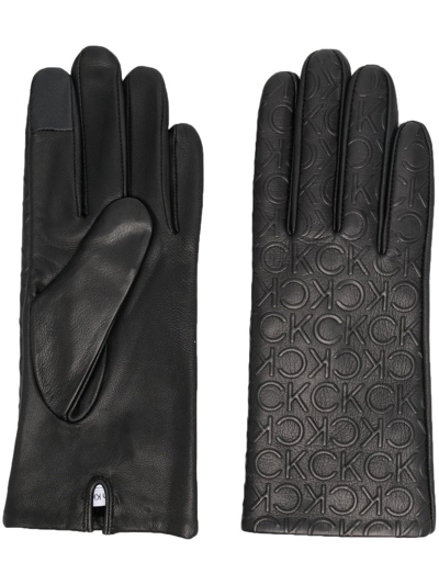 Calvin Klein Logo-embossed Leather Gloves In Black
