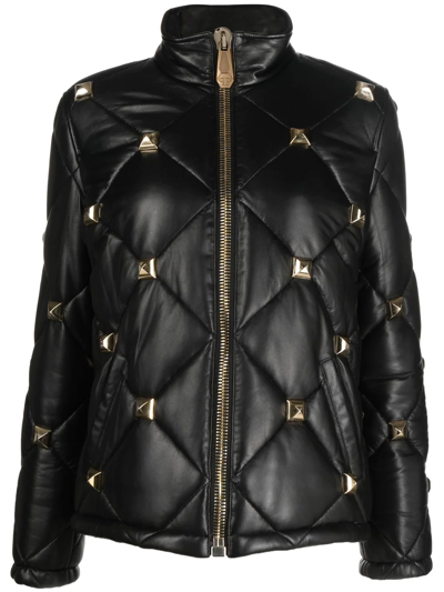 Philipp Plein Studded Leather Puffer Jacket In Black