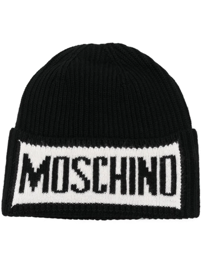 Moschino Intarsia-logo Knit Beanie In Schwarz