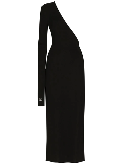 Dolce & Gabbana One-shoulder Midi Dress In Nero