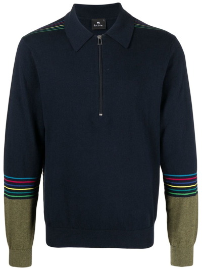 Ps By Paul Smith Zip-front Long-sleeved Polo Shirt In Blue