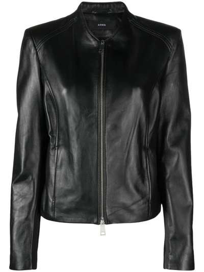 Arma Zip-front Collarless Leather Jacket In Nero