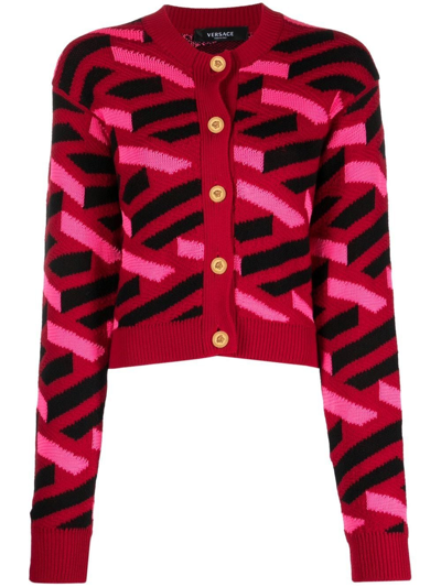 Versace Patterned Intarsia-knit Cardigan In Pink