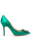 Manolo Blahnik 105mm Hangisi Swarovski Silk Satin Pumps In Green