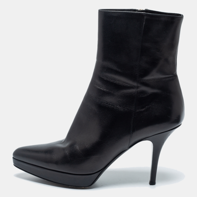 Pre-owned Saint Laurent Black Leather Zip Up Ankle Boots Size 37.5