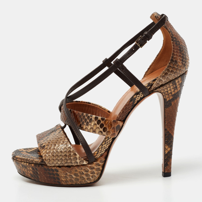 Pre-owned Gucci Brown/black Python Open Toe Crisscross Ankle Strap Sandals Size 36.5