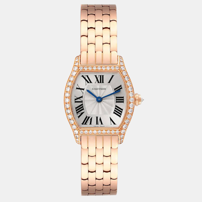 Pre-owned Cartier Silver Diamond 18k Rose Gold Tortue Wa501010 Manual Winding Women's Wristwatch 24 Mm