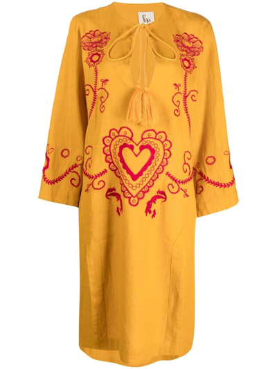 Paula Embroidered Wide-sleeve Kaftan Dress In Yellow