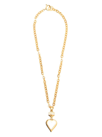 Pre-owned Chanel 1995 Cc Hear-pendant Chain Necklace In Gold