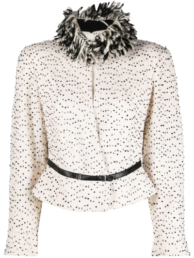 Pre-owned Mugler Fringed Neck Textured Dots Jacket In Neutrals
