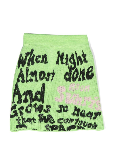 Msgm Kids' Slogan-print Knitted Skirt In Green