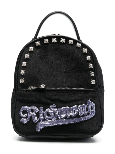 John Richmond Junior Kids' Sequin-logo Studded Backpack In Black