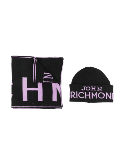 John Richmond Junior Kids' Intarsia Knit-logo Beanie Set In Black