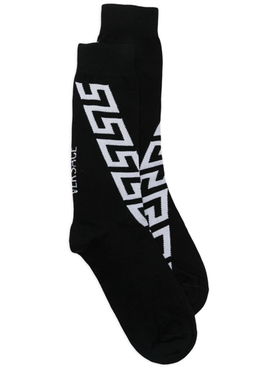 Versace Greca-pattern Cotton Socks In Black