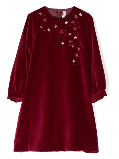 Il Gufo Kids' Crystal-embellishment Velvet Dress In Red