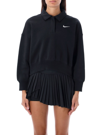 Nike Women's  Sportswear Phoenix Fleece 3/4-sleeve Crop Polo Sweatshirt In Black