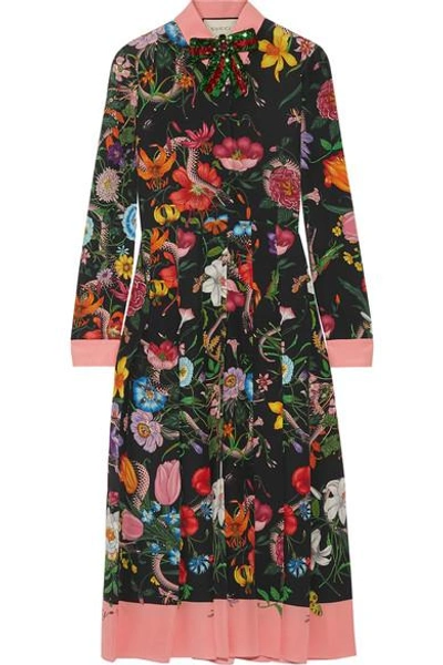 Gucci Pleated Printed Silk Crepe De Chine Dress In Multicolour