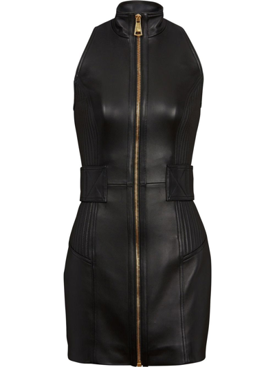 Balmain Zip-up Leather Mini Dress In Black