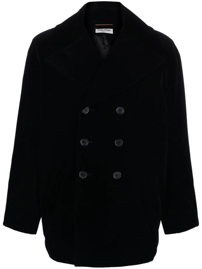 Saint Laurent Ysl-embroidered Peacoat In Black