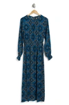 Bobeau Floral Print Ruffle Long Sleeve Ankle Length Dress In Dk. Aqua Medallion