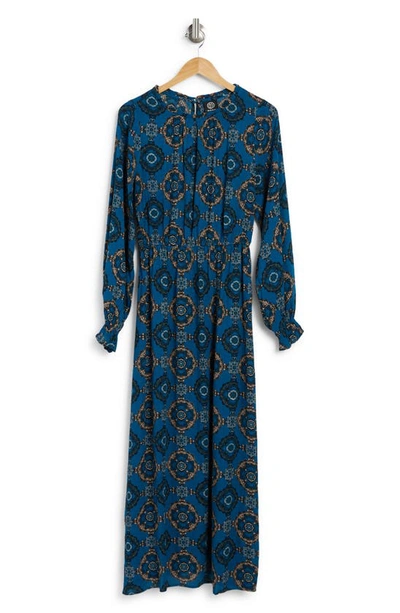 Bobeau Floral Print Ruffle Long Sleeve Ankle Length Dress In Dk. Aqua Medallion