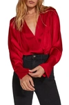 Favorite Daughter Surplice Long Sleeve Satin Bodysuit In Cherry Red