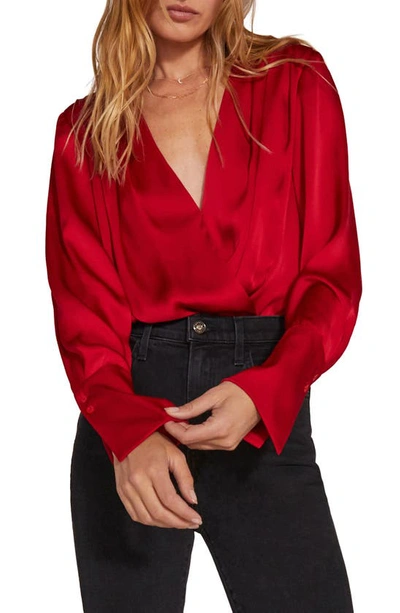 Favorite Daughter Surplice Long Sleeve Satin Bodysuit In Cherry Red