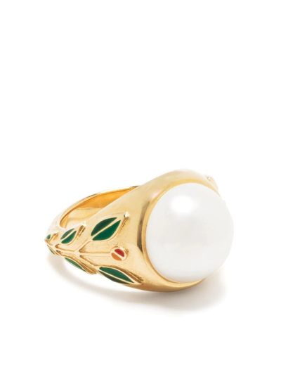 Casablanca Enamel-leaf Pearl Ring In Gold