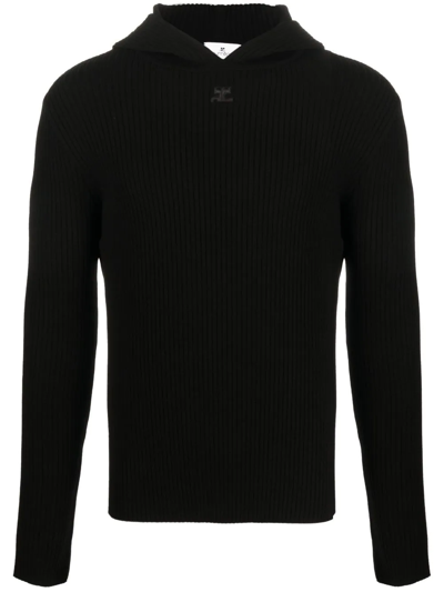 Courrèges Logo-patch Ribbed-knit Hoodie In Black