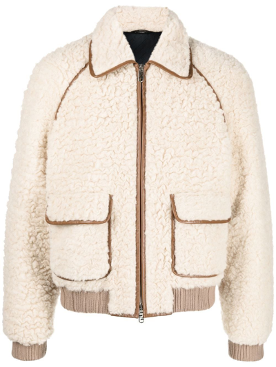 Fendi Two-way Zip Shearling Jacket In Nude