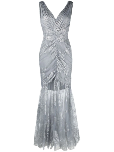 Marchesa Notte Embroidered Tulle Hem Gown In Silver