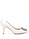 Manolo Blahnik Hangsi Satin Crystal-buckle Pumps In Weiss