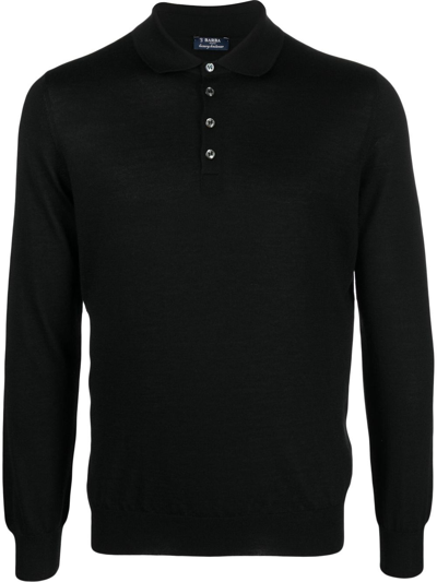 Barba Long-sleeved Knit Polo Shirt In Schwarz