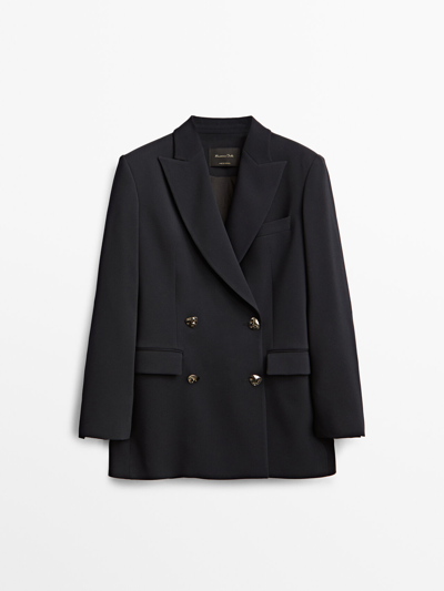 Massimo Dutti Belted Blazer With Buckle In Navy Blue