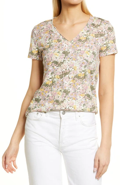 Caslon Short Sleeve V-neck T-shirt In Ivory- Pink Ditsy Meadow