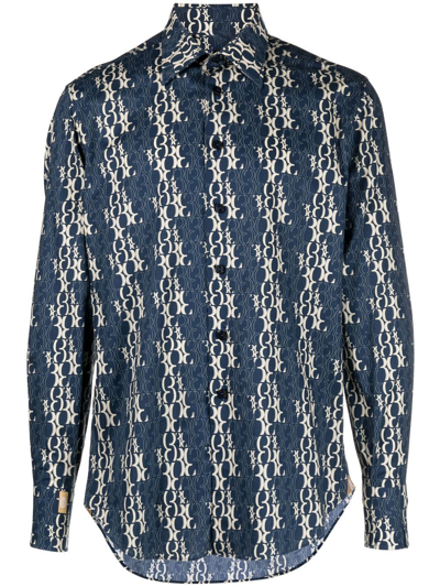 Billionaire Monogram-print Long-sleeve Shirt In Blau