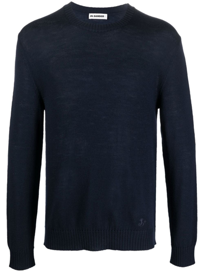 Jil Sander Embroidered-logo Crew Neck Jumper In Blue