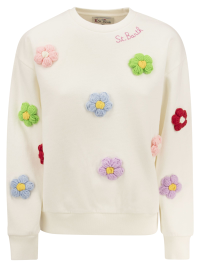 Mc2 Saint Barth Cotton Sweatshirt With Flowers In White