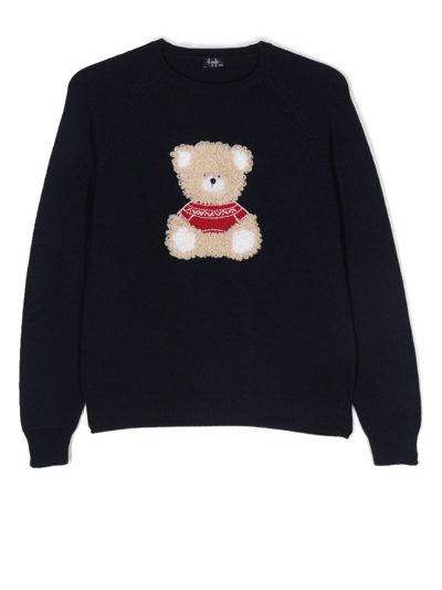 Il Gufo Kids' Teddy-embroidered Virgin Wool Jumper In Blue
