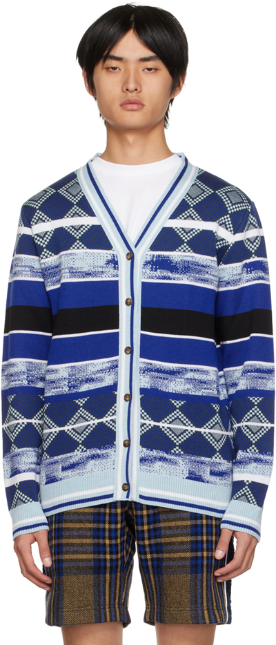 Ahluwalia Mata V-neck Abstract-jacquard Merino Cardigan In Blue Multi