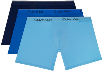 Calvin Klein Underwear Three-pack Blue Micro Boxer Briefs In 1 New Navy/ 1 Artesi