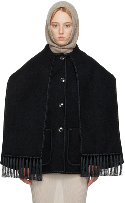 Totême Embroidered Fringe-trim Scarf Wool Jacket In 200 Black