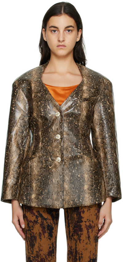 Ganni Snake-effect Recycled Faux Leather Blazer In Beige