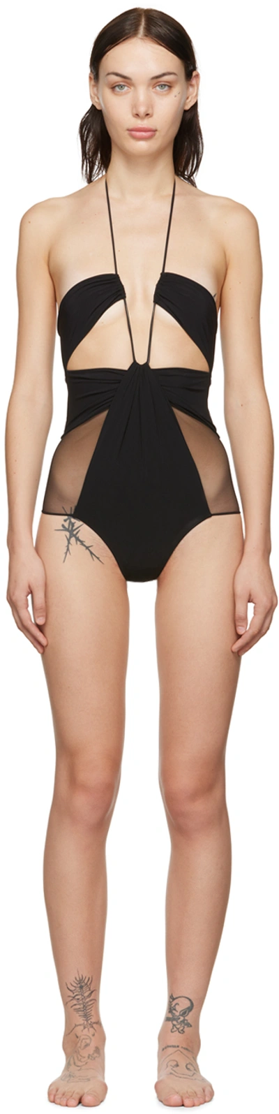 Nensi Dojaka Cutout Gathered Mesh-trimmed Halterneck Swimsuit In Schwarz